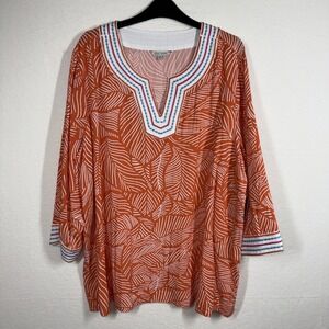 John Mark Embroidered Allover Tropical Leaf Print Split V-Neck 3/4 Sleeve Top 2X